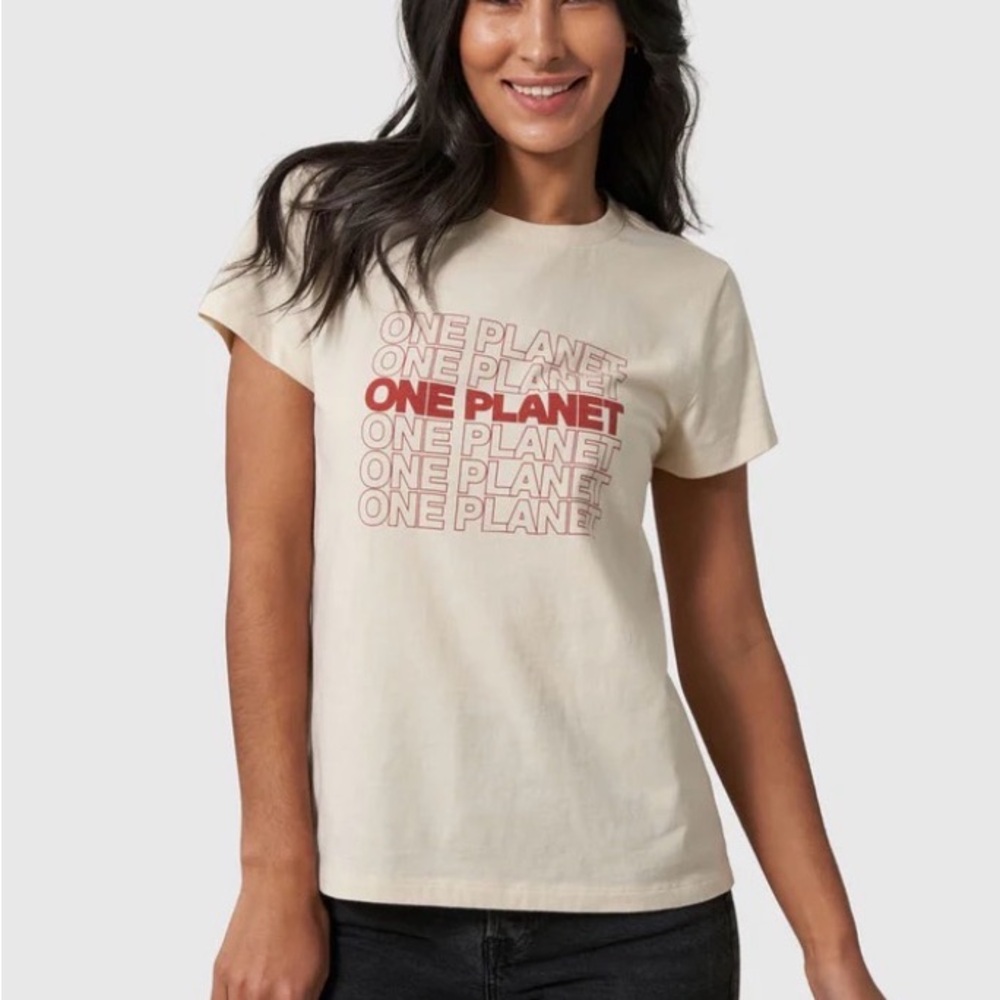 United By Blue Cream Tee with Red 'One Planet' Design